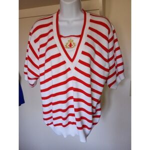 Lilly of California Vintage Red‎ White Striped Short Sleeve Crest Sweater Top